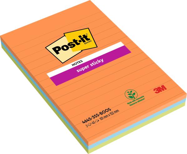 Post-it block super sticky 101x152mm 4645-3ss-boos 3 farbig liniert 3x45 blatt - Post-it-4645-3ss-boos-0051141906133