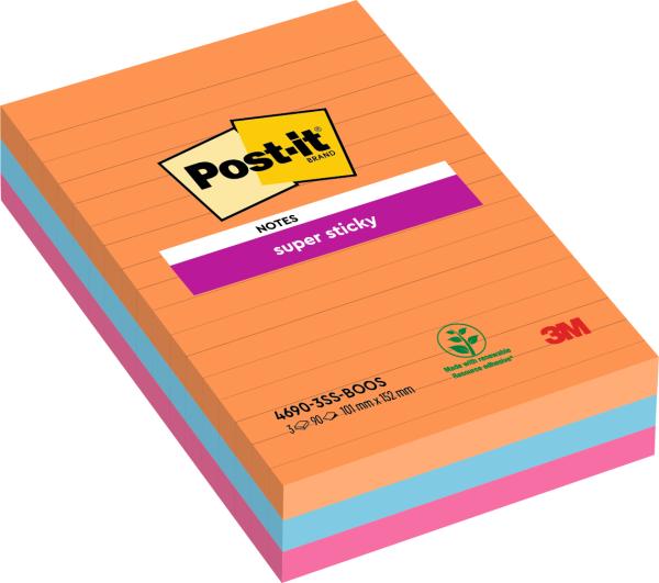 Post-it super sticky notes 152x101mm 4690-3ss-boos 3 farbig 3x90 blatt - Post-it-4690-3ss-boos-0051141998862