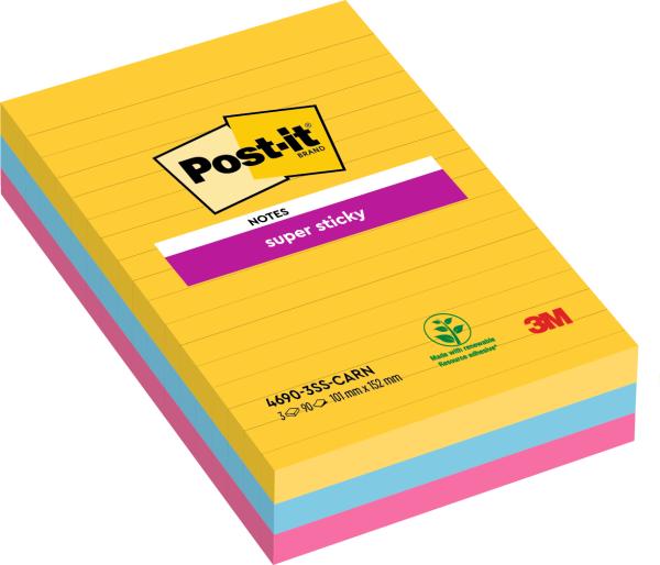 Post-it supersticky carnival 152x101mm 46903ssca 3-farbig, liniert 3x90 blatt - Post-it-46903ssca-0051141998848