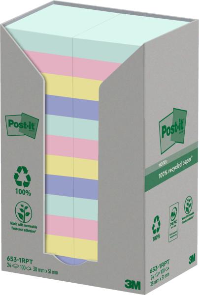 Post-it haftnotizen recycling 51x38mm 653-1rpt 4-farbig, 24x100 blatt - Post-it-653-1rpt-4054596928312
