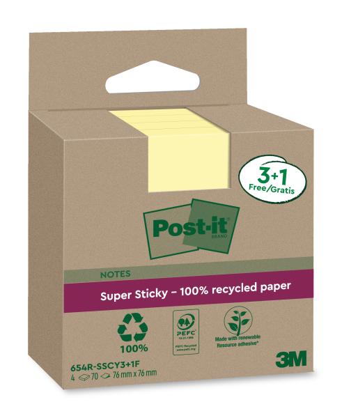 Post-it supersticky notes 76x76mm 654 rsscy 3+1f recycling,gelb 4x70 blatt - Post-it-654-rsscy-31f-4064035060190