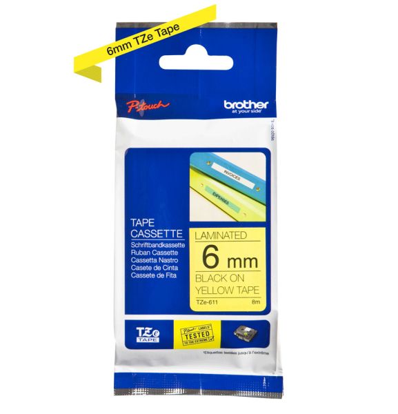 Ptouch band, laminiert schwarz/gelb tze-611 pt-1280vp 6 mm - Ptouch-tze-611-4977766686624