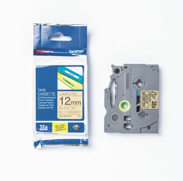 Ptouch band, laminiert schwarz/gold tze-mpgg31 pt-dv600vp 12 mm - Ptouch-tze-mpgg31-4977766770194