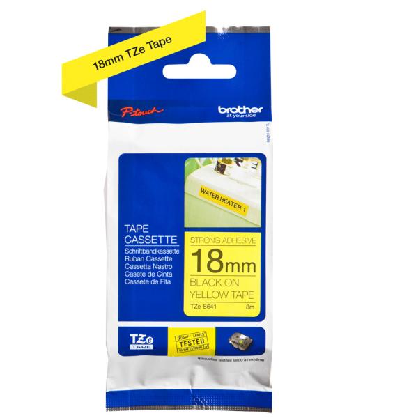 Ptouch band, strong/adh. schwarz/gelb tze-s641 pt-300 18 mm - Ptouch-tze-s641-4977766692205