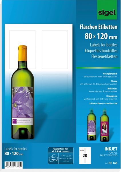 Sigel flaschenetiketten 80x120mm de160 85g 20 stück - Sigel-de160-4004360947704