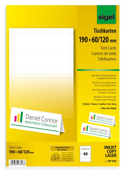 Sigel tischkarten 190x60mm dp049 weiss, 185g 40 stück - Sigel-dp049-4004360937088