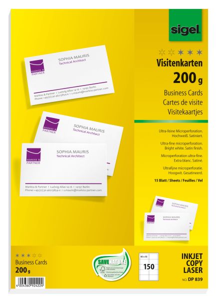 Sigel visitenkarten 85x55mm dp839 weiss, 200g doppels. 150 stück - Sigel-dp839-4004360924224