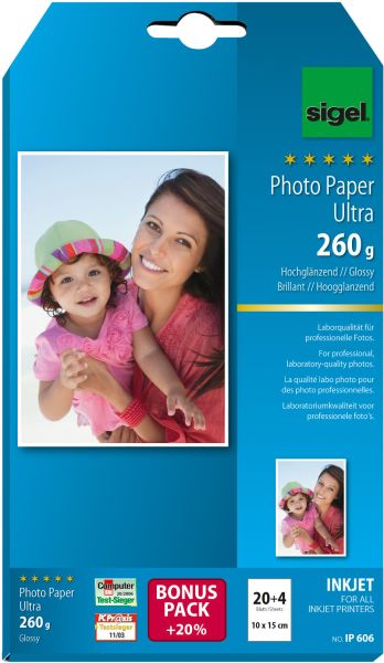 Sigel inkjet fotopapier 10x15cm ip606 260g,glossy, weiss 24 blatt - Sigel-ip606-4004360997440