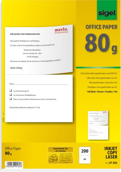 Sigel spezialpapier a4 lp202 weiss, 200 stk.a5 / 100 bl. - Sigel-lp202-4004360991646
