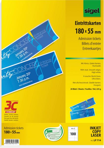 Sigel eintrittskarten, abriss weiss lp714 3c,225g,180x55mm,100st=20bl - Sigel-lp714-4004360827051
