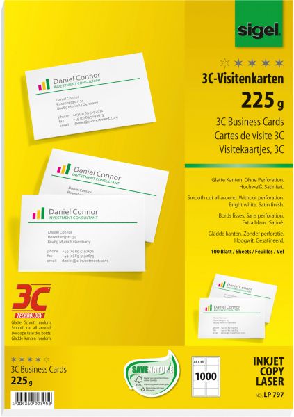 Sigel visitenkarten 85x55mm lp797 weiss, 225g 1000 stück - Sigel-lp797-4004360997952