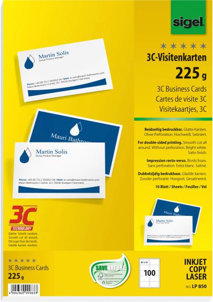 Sigel visitenkarten 85x55mm lp850 weiss, 225g doppels. 100 stück - Sigel-lp850-4004360999833