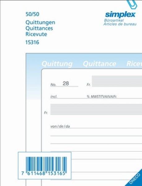 Simplex quittungen d/f/i a6 15316 durchschreibepapier 50x2 blatt - Simplex-15316-7611468153165
