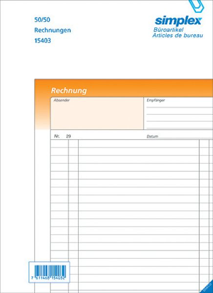 Simplex rechnungen d a6 15380d orange/weiss 50x2 blatt - Simplex-15380d-7611468153806