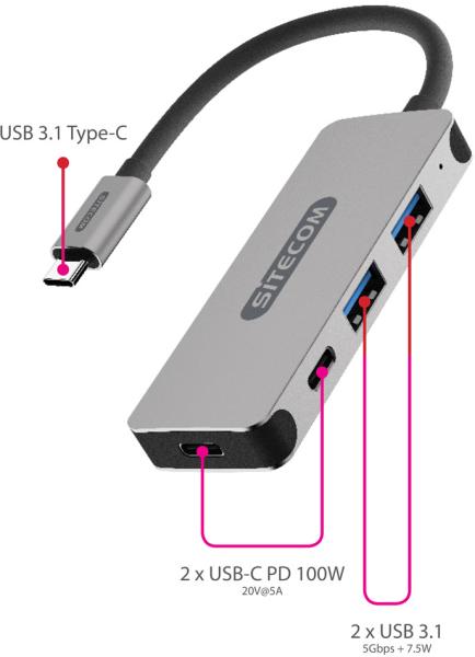 Sitecom usb-c hub 4 port cn-384 2x usb 3.1-a + 2x usb-c 5gbps - Sitecom-cn-384-8716502030798-04.jpg