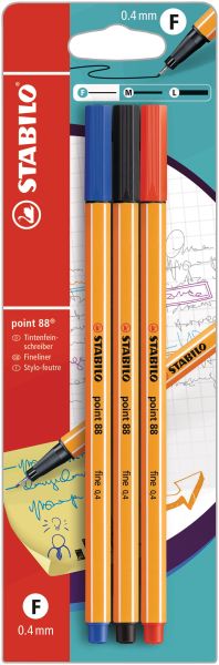 Stabilo fineliner point 88 0.4mm b-10213-10 schwarz/blau/rot, 3 stück - Stabilo-b-10213-10-4006381102131