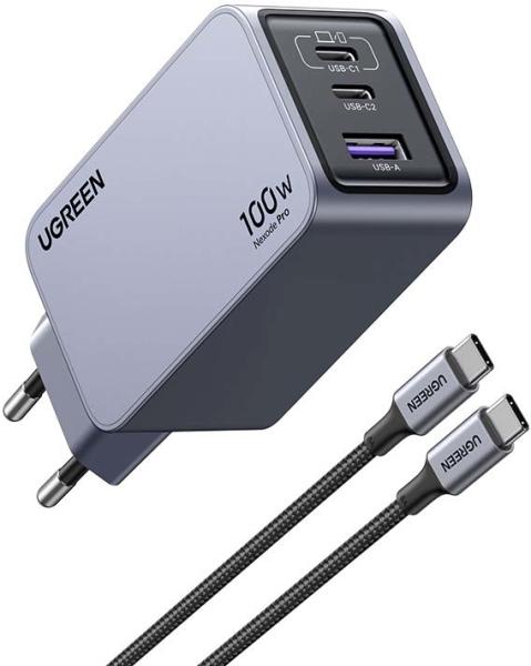 Ugreen usb wallcharger nexode pro 25874 100w, 3-port,pd,gan w.cable - Ugreen-25874-6941876228744