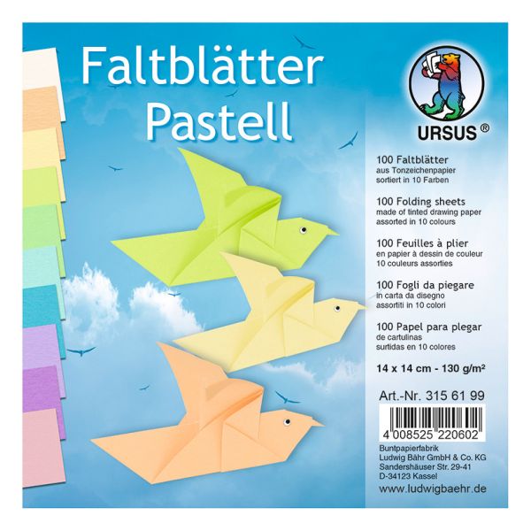 Ursus faltblätter origami 14×14cm 3156199 pastell-farben ass. 100 blatt - Ursus-3156199-4008525220602
