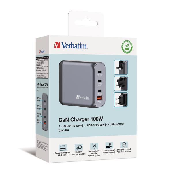 Verbatim charger 100w gan grey 32202 3xusb-c 1xusb-a +adapter uk/us - Verbatim-32202-0023942322023-02.jpg
