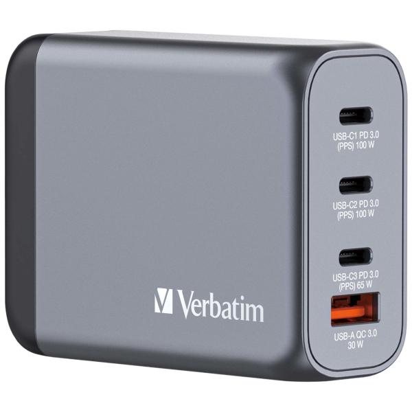 Verbatim charger 100w gan grey 32202 3xusb-c 1xusb-a +adapter uk/us - Verbatim-32202-0023942322023