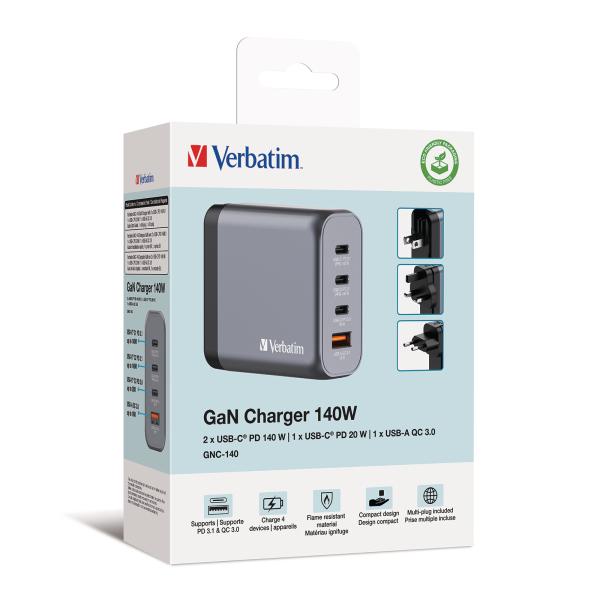 Verbatim charger 140w gan grey 32203 3xusb-c 1xusb-a +adapter uk/us - Verbatim-32203-0023942322030-02.jpg