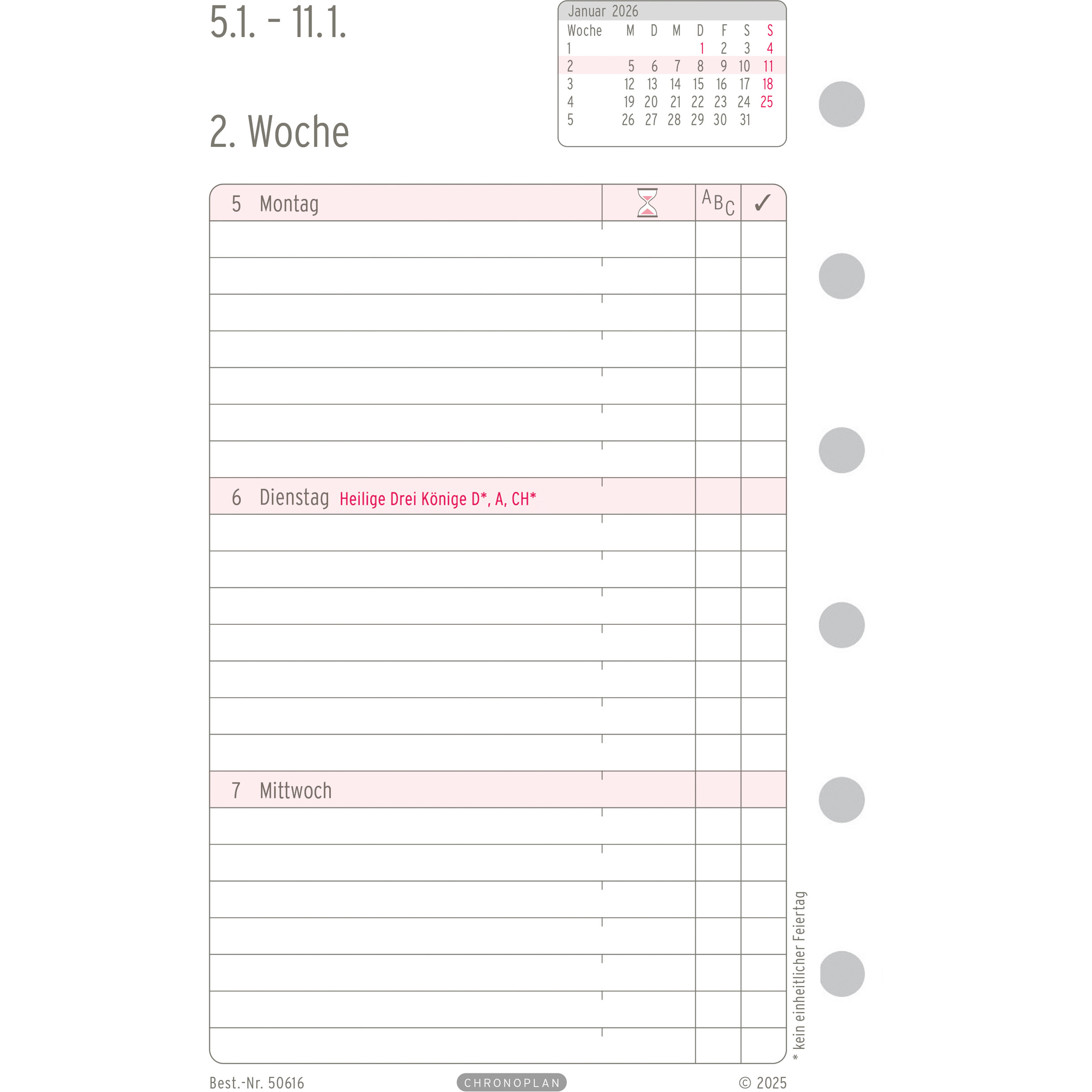 CHRONOPLAN Ersatz Wochenplan 2026 50616Z.26 1W/2S in Zeilen Mini