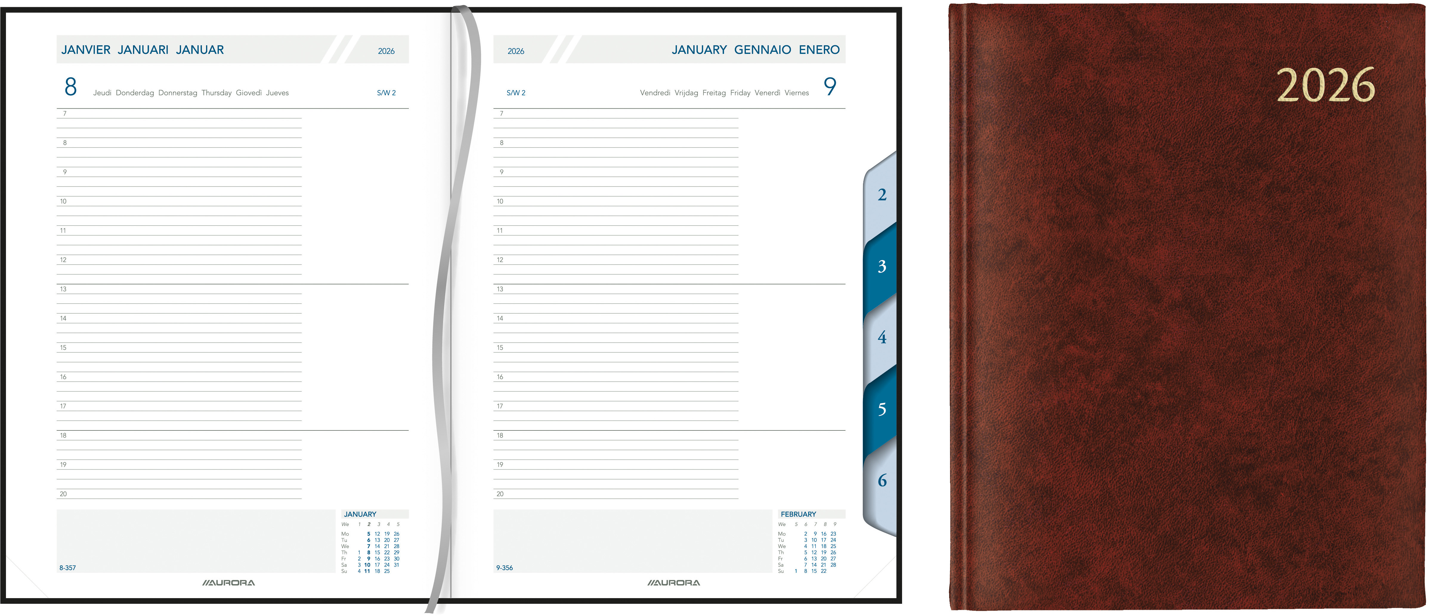 AURORA Agenda Florence Largo 2026 3115R 1T/1S bordeaux ML 16.5x21cm