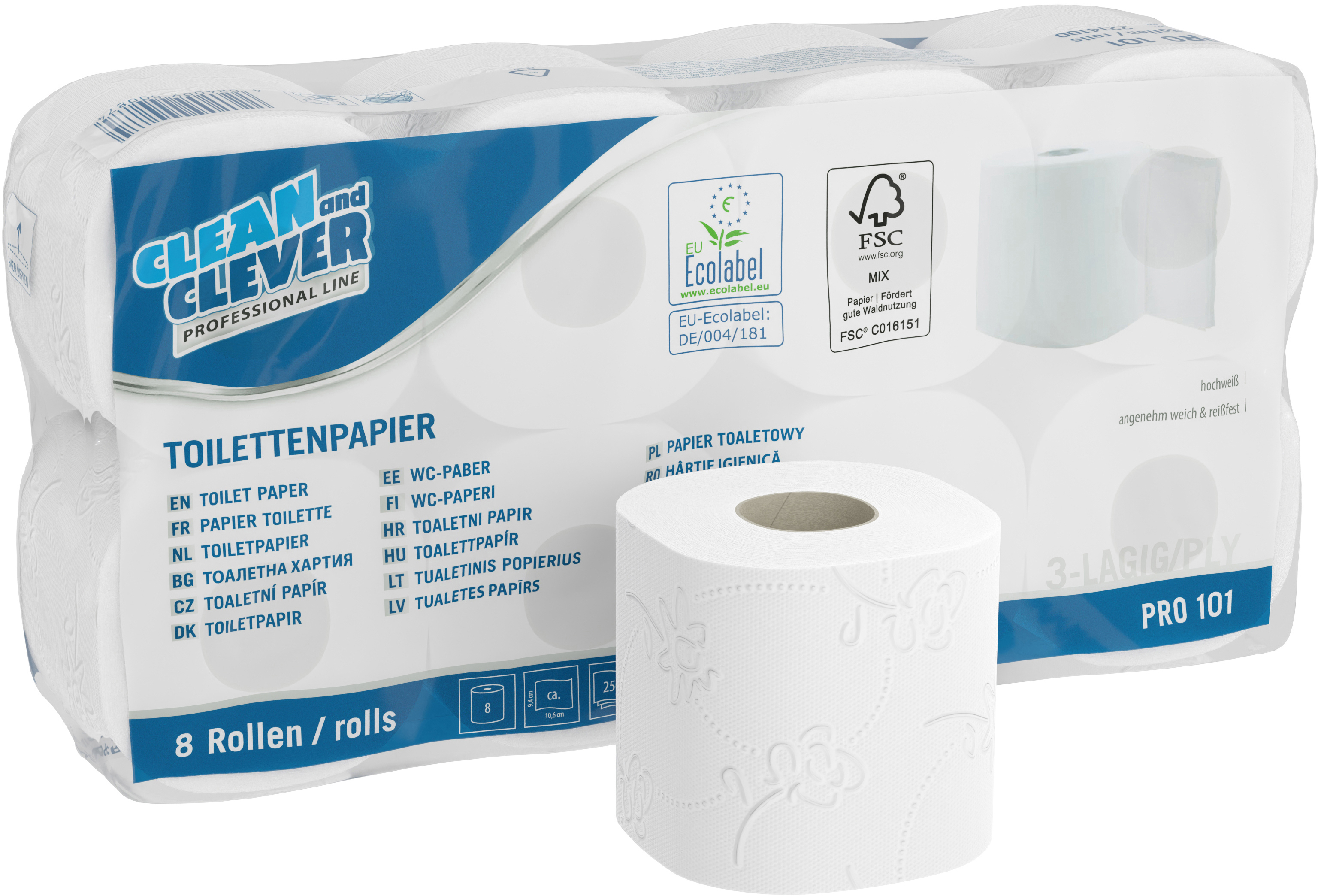 CLEAN AND CLEVER WC-Papier 3-lagig 9.4x11cm 40021 weiss PRO101 64 Rollen,250 Bl.