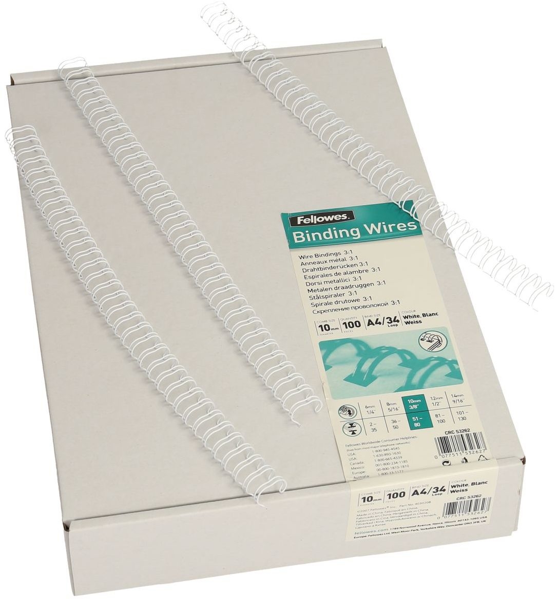 FELLOWES Drahtbinderücken 10mm 53262 weiss 100 Stück