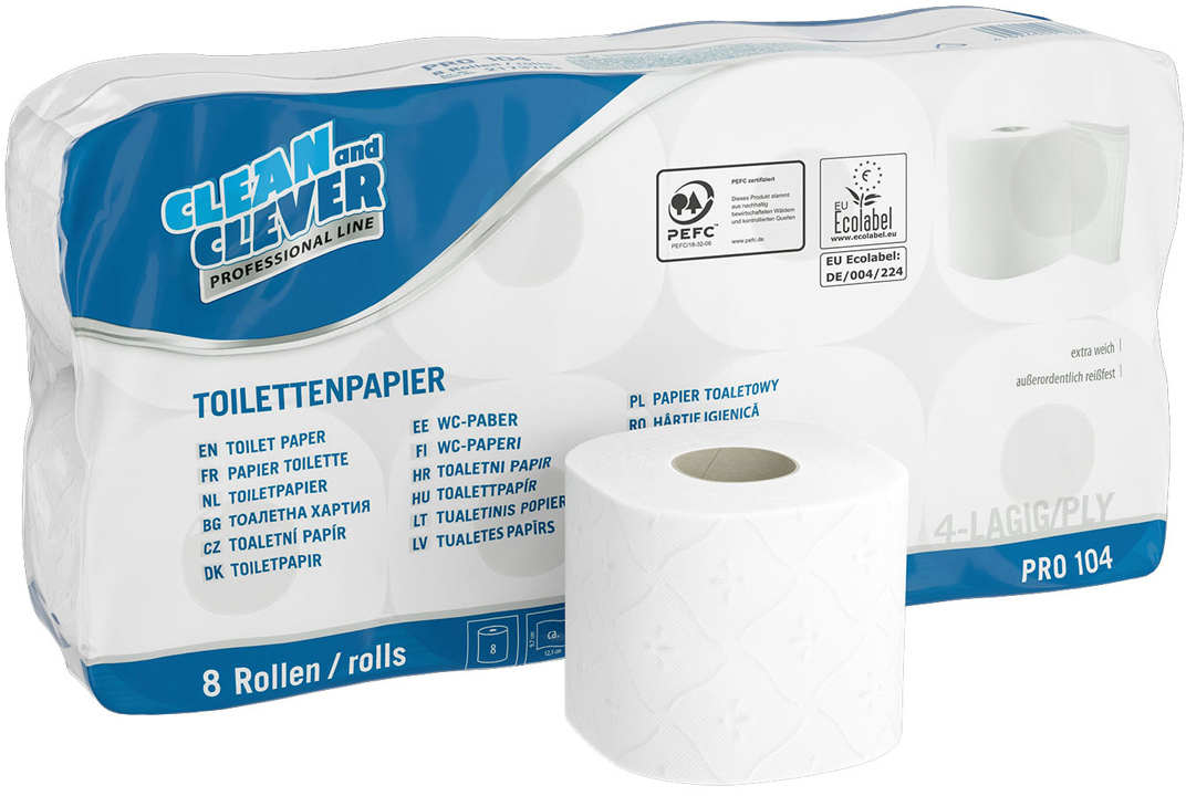 CLEAN AND CLEVER WC-Papier 4-lagig 9.7x12.5cm 14600 hochweiss PRO104 72 Rl.150 Bl.